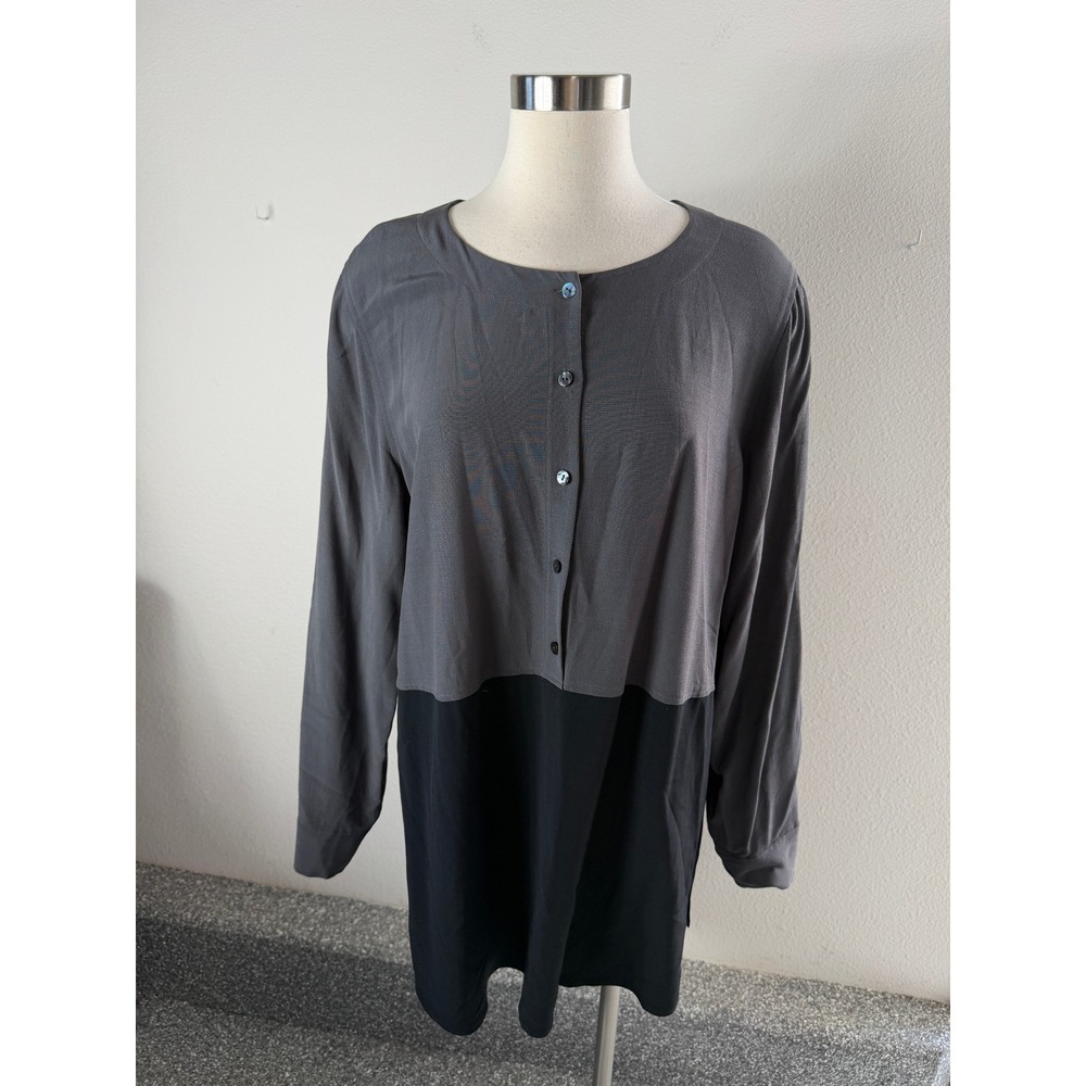 Eileen Fisher Womens Medium Charcoal Grey Tencel Viscose Tunic Top Long Sleeve